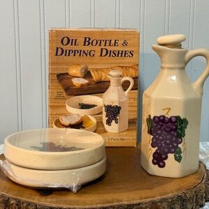 Vintage Tucson Style Ceramic Grape Oil Bottle & Dipping Dishes - Cream